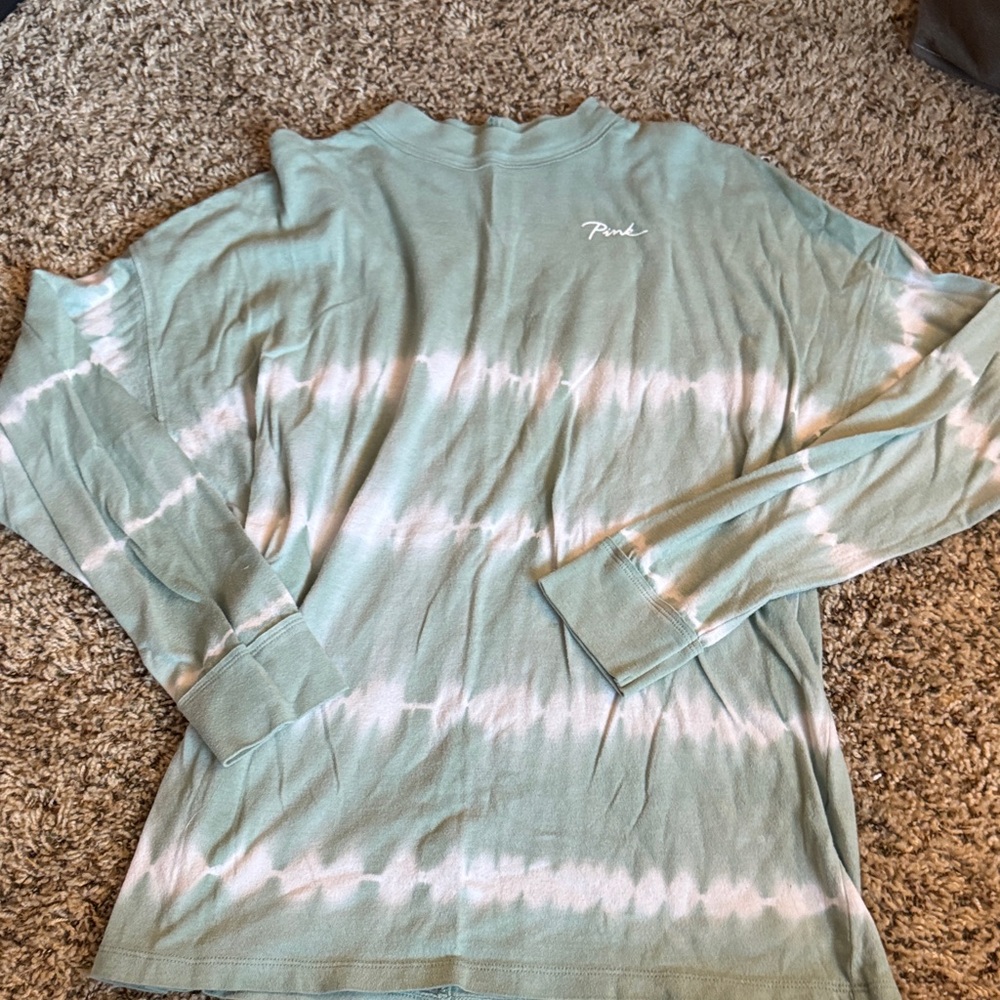PINK Victoria's Secret Green and White Long Sleeve Tee